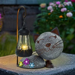 Solar Garden Statue Cat Figurine with Lantern, Outdoor Metal Kitten Whimsical - Picture 1 of 9