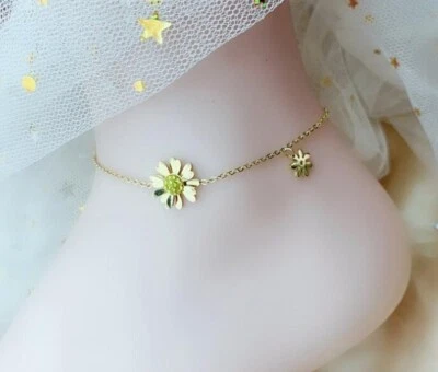 Brazalete de pie tobillera flor margarita oro circonita cúbica acero inoxidable titanio para mujer 8-9,8" Foto 1 de 4