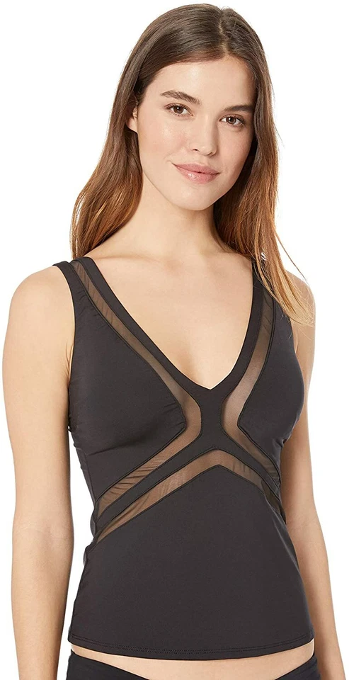 Kenneth Cole V-neck Wide Band Mesh Tankini Top Sz S Small Black Swimwear