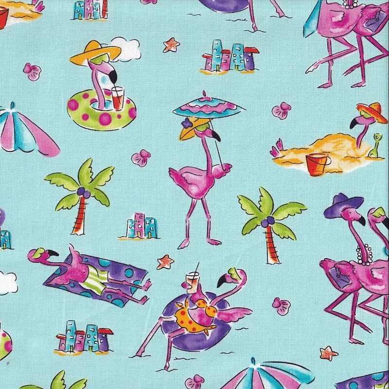 Pink Flamingos at the Beach Sand Sunbaking on Light Blue Quilting Fabric 1/2 Met - image 1 of 1