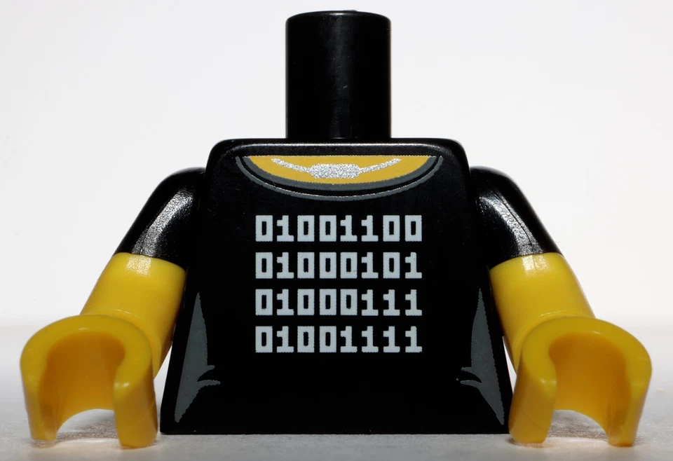 Lego Black Torso Female Yellow Neck Silver Necklace 4 Rows of White Binary Code - Image 1 of 1