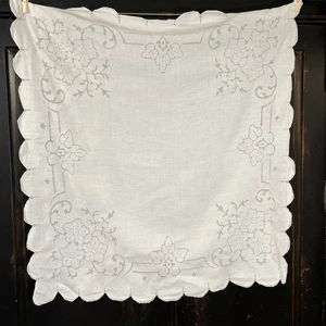Vintage White Linen Cutwork Tablecloth 30” Square Embroidery Card Table Cover - Picture 1 of 6