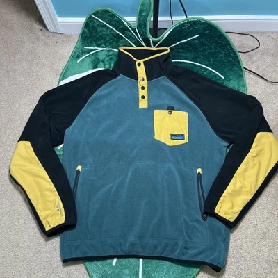 KAVU Teannaway Polar Fleece 夹克男式 Synchilla 色块绿色/黄色 L 码 — 第 1/4 张图片