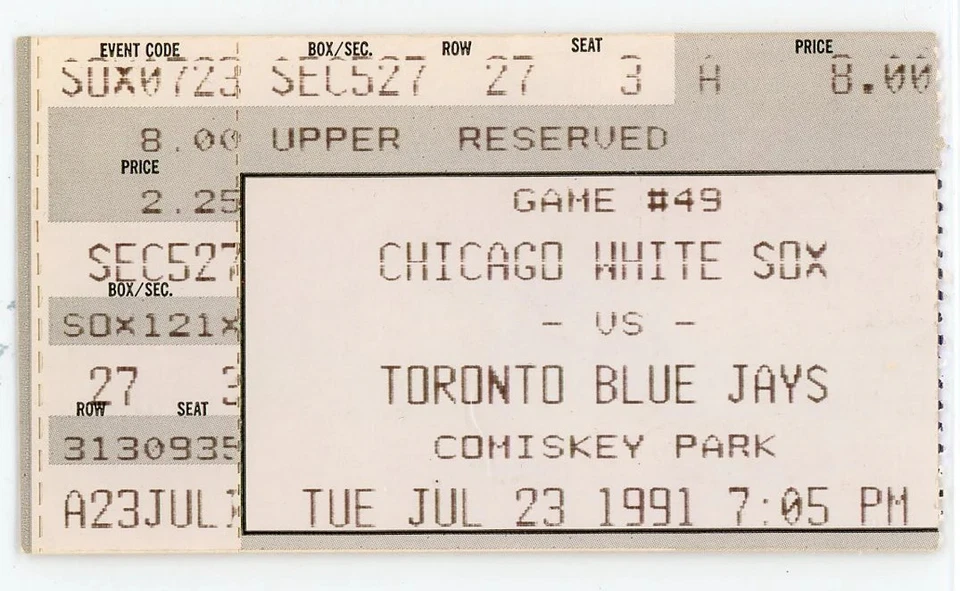 Boleto de Chicago White Sox vs. Toronto Blue Jays Comiskey Park 1991 Foto 1 de 1