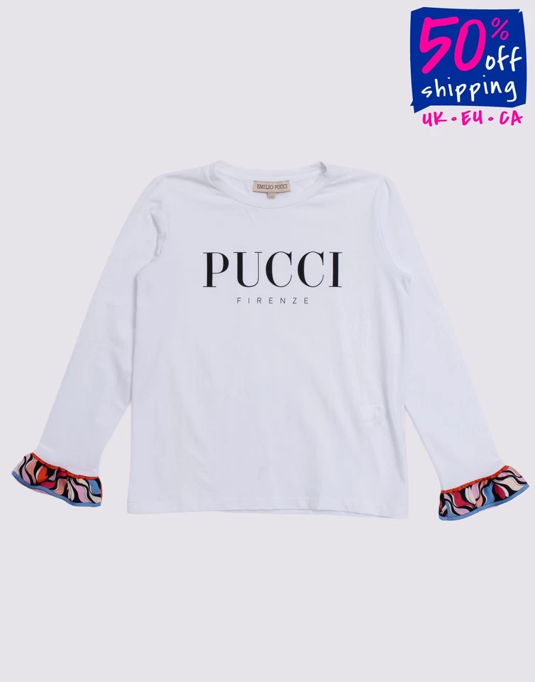 RRP€121 EMILIO PUCCI Kids T-Shirt Top Size 10Y Logo Ruffle Cuffs Made in Italy - Image 1 of 4