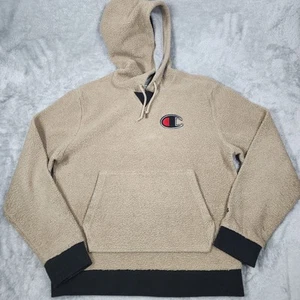 Champion Sudadera con Capucha Para Hombres Medio Tostado Sherpa Polar Pullover Negro Puños Parche Logo - Imagen 1 de 14