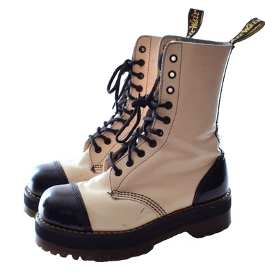 DR MARTENS Vtg 90s 10 Eye Crazy Bomb Black/ Cream Steel Toe Boots  US 6.5 - Image 1 of 4