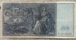 Reichsbank 100 marknote 100 1908 Low Serial Number E-0039209 - Picture 1 of 2