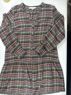 Новый без ЯРЛЫКОВ LOFT рубашка платье клетку волан зеленый розовый фланель падение талии длинным рукавом SP - Изображение 1 из 4