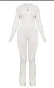 Pretty Little Thing Bone Seamless Laser Cut Zip Up Gym Flare Unitard M CNH1999 - Picture 1 of 7