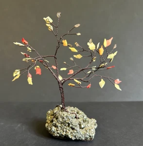 Vintage Twisted Wire Tree Sculpture on Pyrite Stone Base Fall Color Shell Leaves - Picture 1 of 8