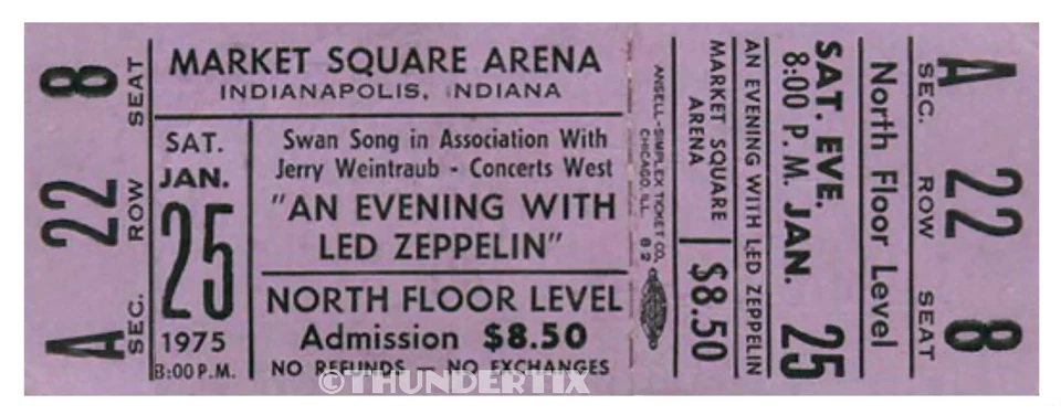 1  LED ZEPPELIN UNUSED FULL CONCERT TICKET 1975 Indianapolis, Indiana reprint - Image 1 of 1