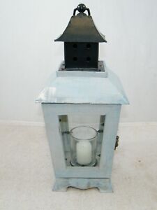WOOD AND METAL LANTERN CANDLE HOLDER BLUE RUSTIC 16" TALL