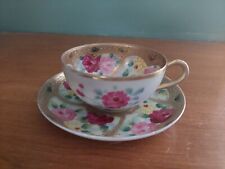 Nippon Hand Painted Porcelain Tea Cup Saucer Rose Flower Gold Bead Trim