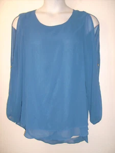 Zac & Rachel Size L Blue Cold Shoulder Lined Blouse - Picture 1 of 4