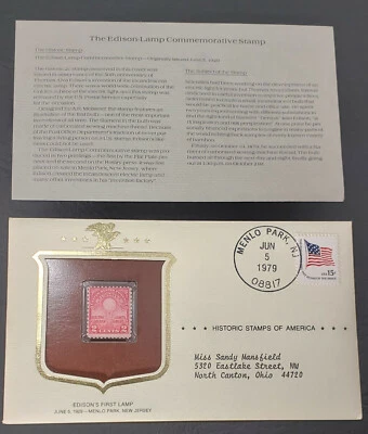 vintage Edison Lamp 2c stamp issued 1929 mint unused with info card - Image 1 of 4