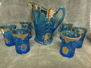 Brocca e bicchieri Jefferson Glass 1905 n. 212 modello "Tokyo" oro blu - Foto 1 di 10