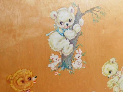 Decalques de urso vintage de madeira ripas bonecas cercadinho dobrável portátil quintal década de 1950 muito bom estado usado - Imagem 1 de 4