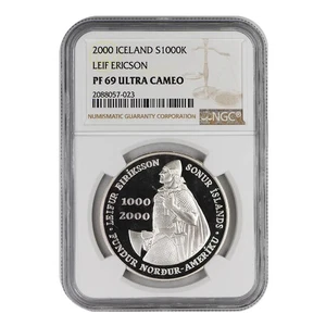 2000 Iceland Silver 1000k Leif Ericson NGC PF 69 Ultra Cameo - Picture 1 of 2