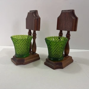 RARE VINTAGE HOME INTERIOR HOMCO GREEN HOBNAIL GLASS & WOOD 2 CANDLE HOLDER - Picture 1 of 4