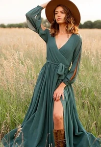 JOYFOLIE Womens Teal Long Sleeve Boho Belted Festival Maxi Slit Dress Sz XS -NEW - Picture 1 of 13