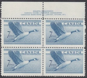 Canada - #320 Canada Goose Block of Four with Plate Inscription #1 - MNH - Picture 1 of 1