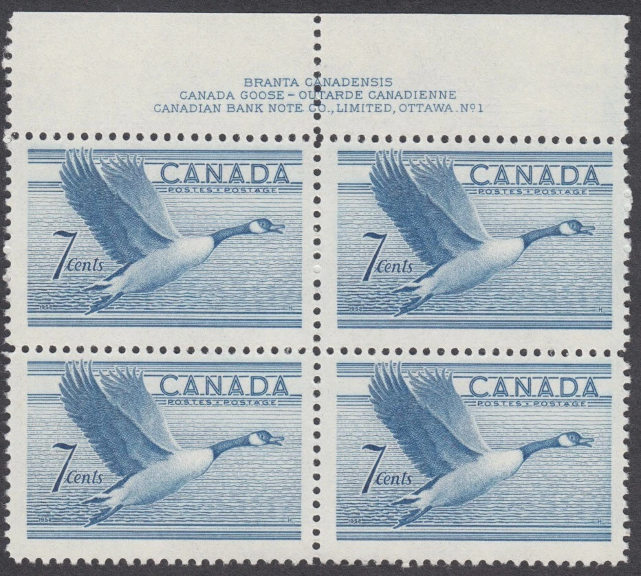 Canada - #320 Canada Goose Block of Four with Plate Inscription #1 - MNH - Image 1 of 1