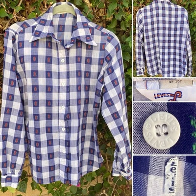 Blusa Levis Vintage Cuadros Cuadros Vaquera Occidental Núcleo Hippy Usada Delgada Años 70 Foto 1 de 4