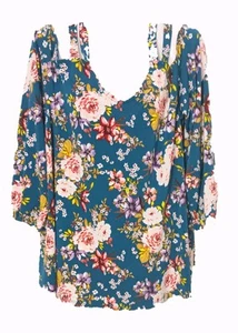 Torrid Women's Teal Blue Purple Pink Strappy Cold Shoulder Crepe Blouse, 2X  - Picture 1 of 10