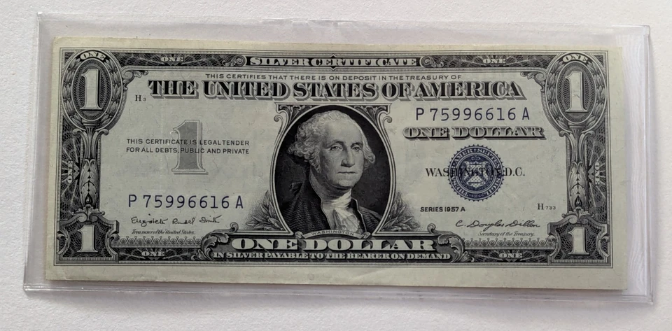 US One Dollar, 1957 A, $1 Silver Certificate, AU Misaligned Print/Cut - Image 1 of 2