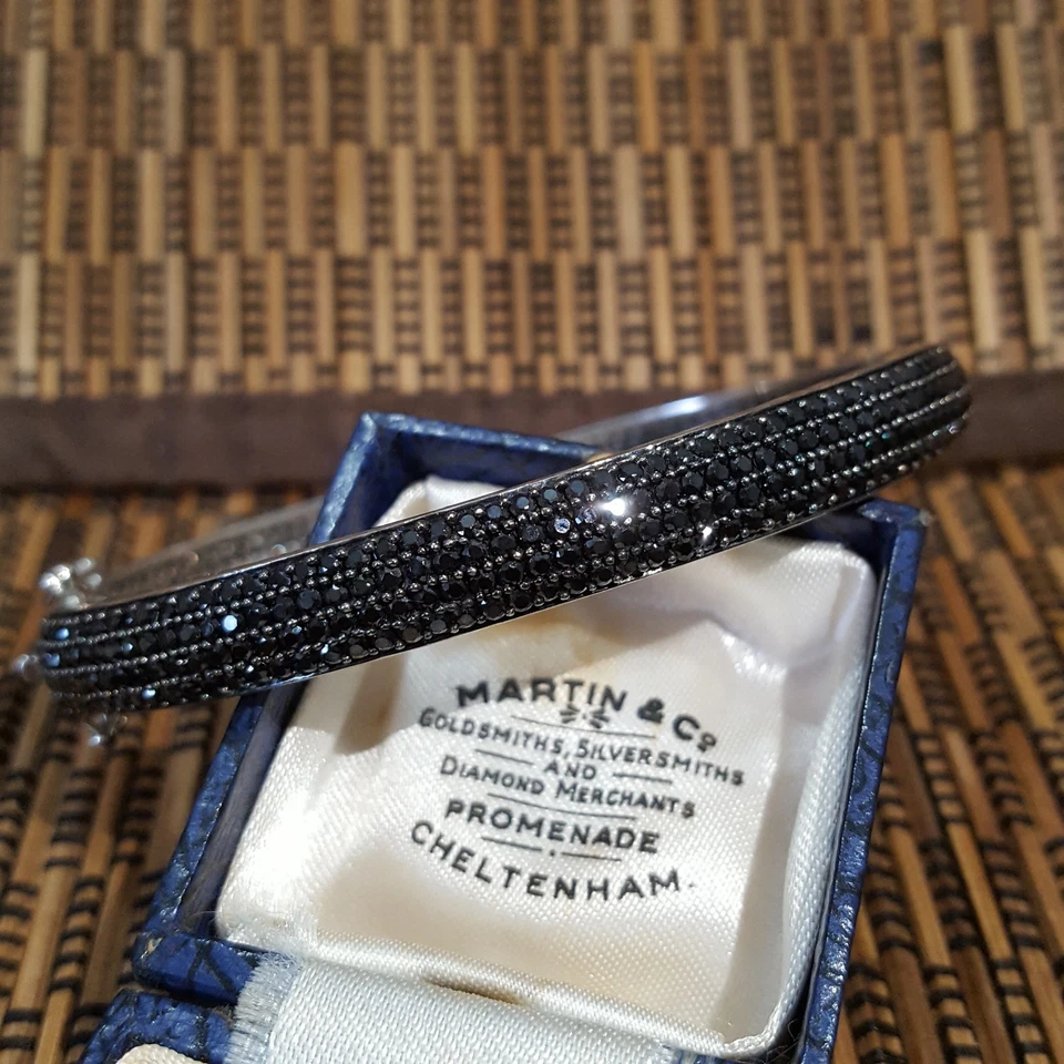 925 Sterling Silver Bracelet, Genuine Black Spinel Gemstones Bangle, 6.9" - Image 1 of 4