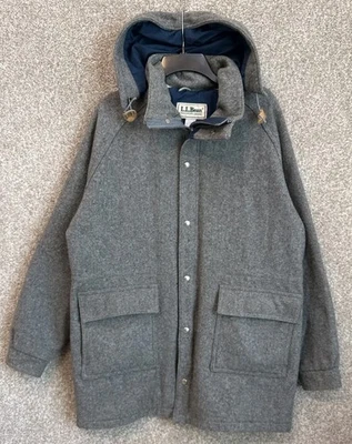Vintage LL Bean Parka Mens Large Gray Wool Hooded Full Zip Snap Coat Jacket USA - Image 1 of 4