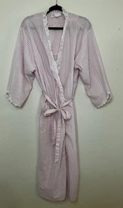 Eileen West Long Robe Pink White Seersucker Lace Trim Pockets Size Large - Picture 1 of 6