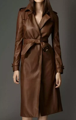 Gabardina de diseñador de cuero genuino marrón para mujer calce ceñido abrigo con cinturón Foto 1 de 4