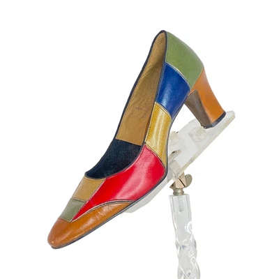 Zapatos de salón vintage años 60 coloridos patchwork 8 zapatos sin cordones rojo azul verde Foto 1 de 4