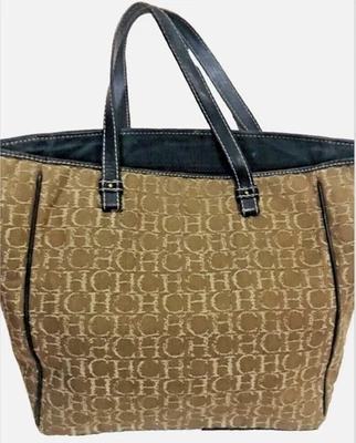 Bolso de Mano Carolina Herrera Marrón/Beige Monograma Lona y Cuero Recortado Foto 1 de 4