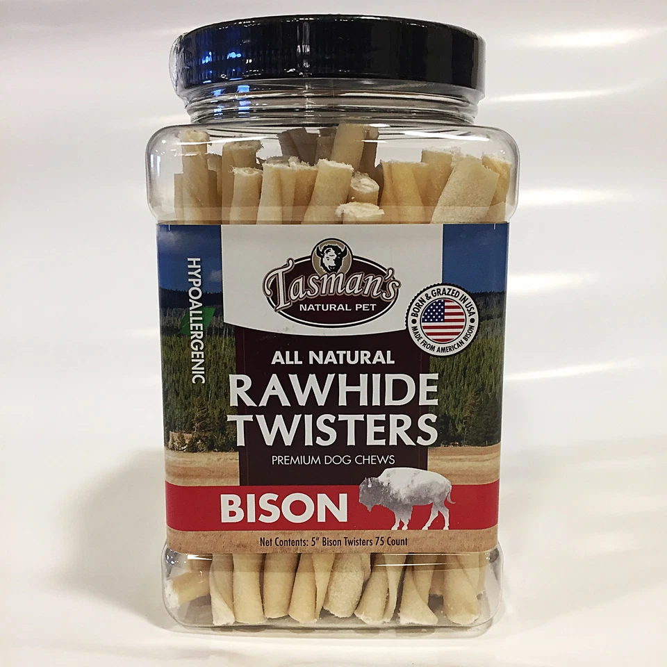 Premium American Buffalo Bison Rawhide Chews - 5" Twisters  | 75 Count Jar | - Image 1 of 4