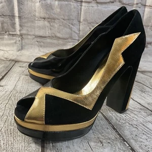 Jeffrey Campbell Bad Gurl Gr. 8,5 Peeptoe Plateau High Heels schwarz gold Zickzack - Bild 1 von 9