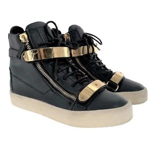 GIUSEPPE ZANOTTI Black Leather & Gold Metal High Top Sneakers Size 39.5 - Picture 1 of 8