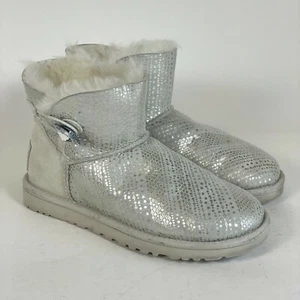 UGG Mini Bailey Button Bling Snow Boots Womens Size 5 Silver Sheepskin Fur Trim - Picture 1 of 11
