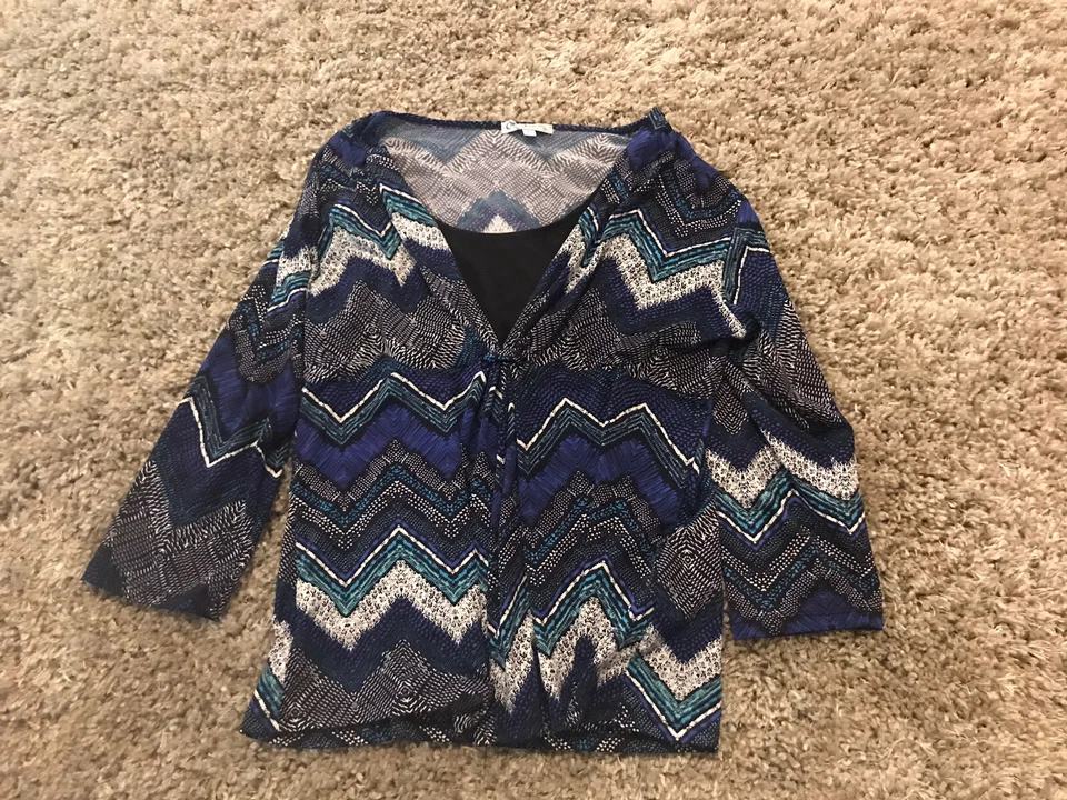 Claudia Richard 女式黑色蓝色多色 3/4 袖弹力套衫,尺寸。 L — 第 1/1 张图片