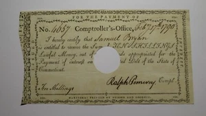 1790 10 Shillings Connecticut Comptrollers Office Colonial Currency Note Pomeroy - Picture 1 of 2