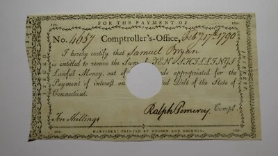 1790 10 Shillings Connecticut Comptrollers Office Colonial Currency Note Pomeroy - Image 1 of 2
