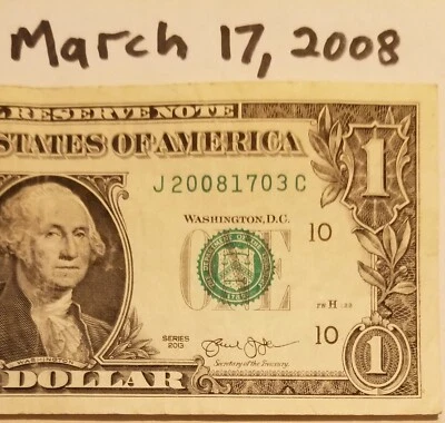 Birthday Note Dollar Bill March 17, 2008 Fancy Serial Number Series $1 US 2013 J - Image 1 of 4