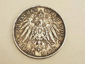 Genuine 1908 .900 Silver German Prussia Drei 3 Mark Coin - William II - VF+ - Picture 1 of 3