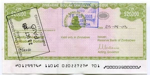 Zimbabwe 20 000 Dollar Travellers Cheque Pick 18 Error - Heavy Double MICR Print - Picture 1 of 4
