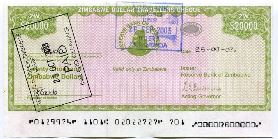 Zimbabwe 20 000 Dollar Travellers Cheque Pick 18 Error - Heavy Double MICR Print - Image 1 of 4