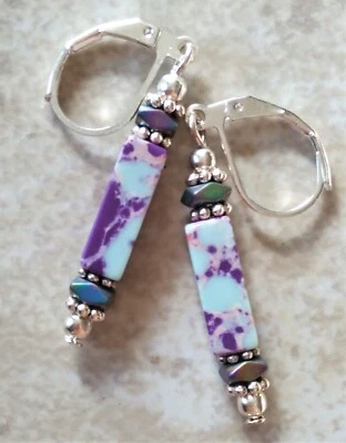 Brinco IMPERIAL JASPER roxo turquesa SP LEVERBACK artesanal XGE - Imagem 1 de 4