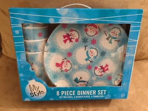 Juego de 8 piezas en caja 4 platos 4 vasos muñeco de nieve copos de nieve invierno melamina nuevo  - Imagen 1 de 5