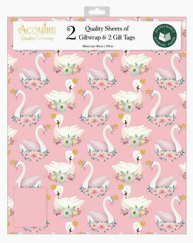 WOMEN'S GIFT WRAP - 2 SHEETS GIFT WRAPPING PAPER & 2 TAGS pink swans